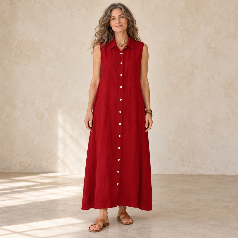 FLAX Sleeveless Button Front Linen Maxi Shirt Dress Red Size Medium Lagenlook